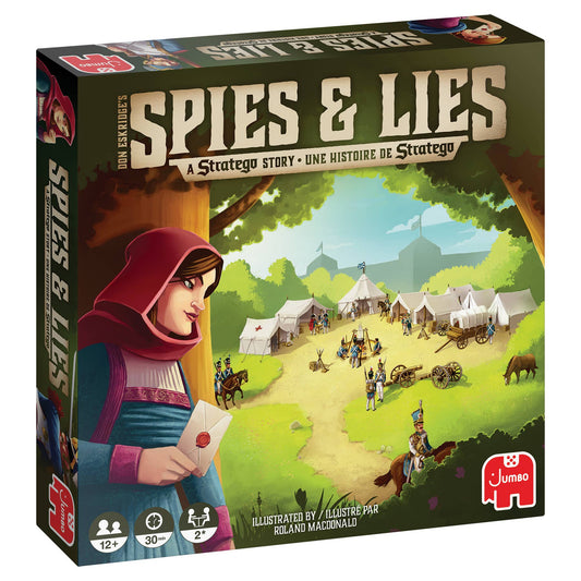 Board game box for 'Spies & Lies' with a character holding a card and a village scene on the cover.
