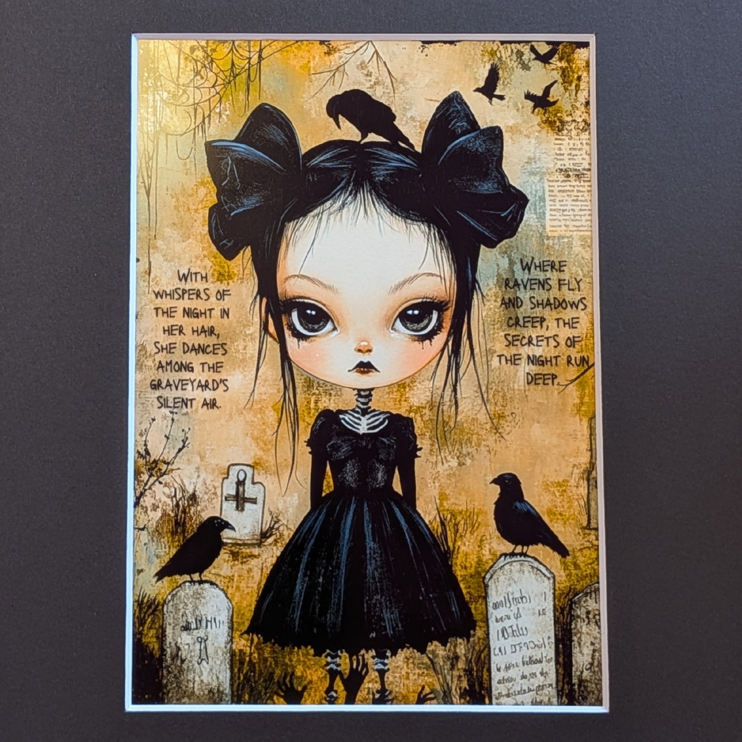 A gothic art print featuring a stylized girl with large eyes, a black bow, and a black dress, surrounded by crows, tombstones, and handwritten text on a textured beige and brown background, shown against a dark gray backdrop.