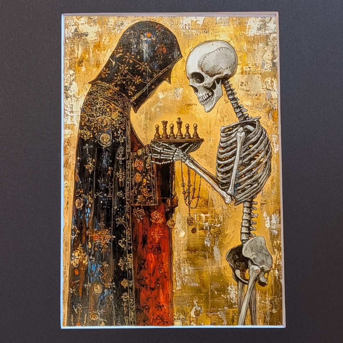 A square art print depicting a skeletal figure playing chess with a hooded robed figure, set against a textured gold background, shown with a white border on a dark gray backdrop.