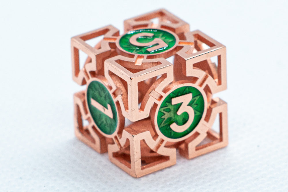 Rose Gold w/Green Deadly Arrow Dice | 7-Dice RPG Set High Visibility