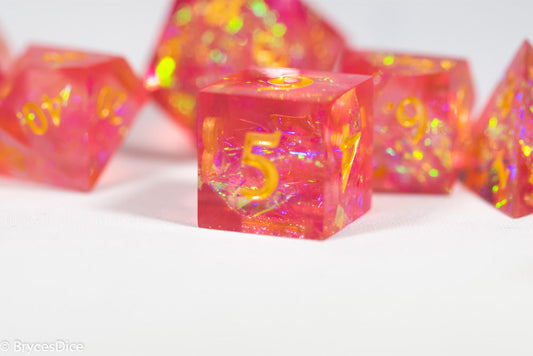 Red Dragon Fruit Forged in Frost Dice Set (Resin Dice) Sharp Edge Dice