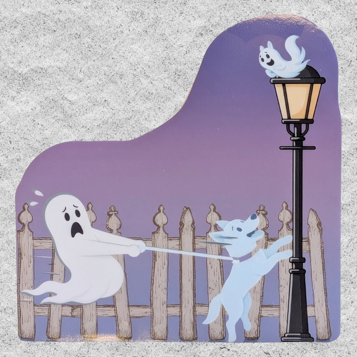 A sticker with a ghost dog chasing a ghost squirrel on a purple background.