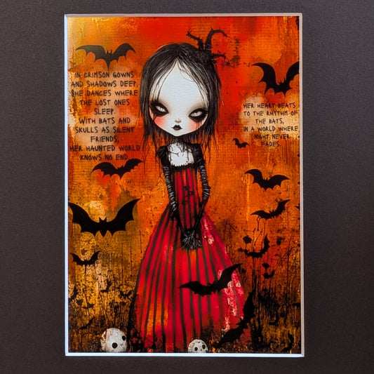A gothic art print featuring a girl with pale skin and dark hair wearing a red dress, surrounded by black bats on an orange and red textured background with gothic text. The print is displayed against a dark gray background.