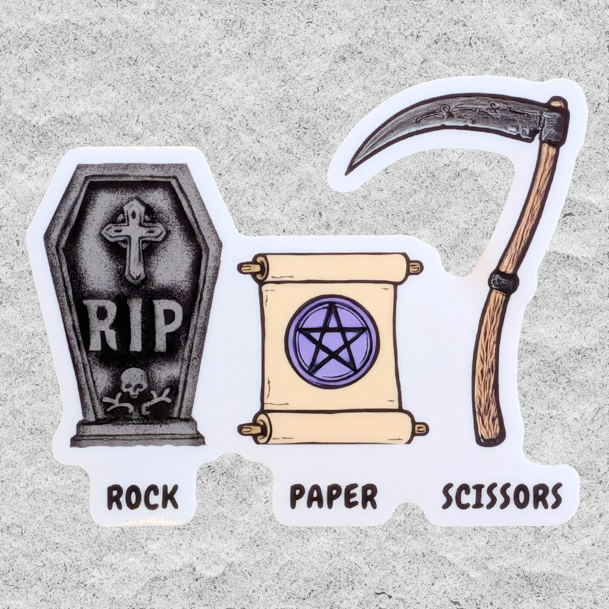 Illustrated die-cut sticker on a light gray textured background: a tombstone reading RIP with a cross and skull, a parchment scroll with a purple pentagram, and a scythe. Below the stickers, the words ROCK, PAPER, and SCISSORS appear.