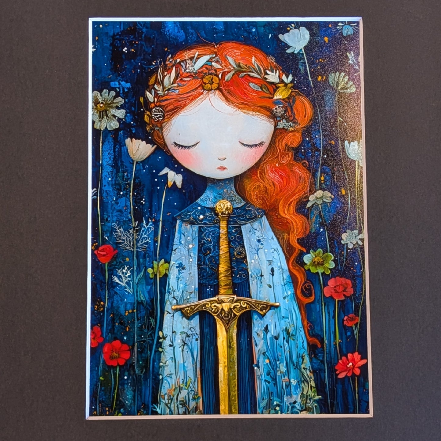 A rectangular art print featuring a whimsical illustration of a girl with long red hair, closed eyes, and a blue dress, holding a gold sword, surrounded by wildflowers on a dark blue background. The print is mounted on a wide, dark mat 