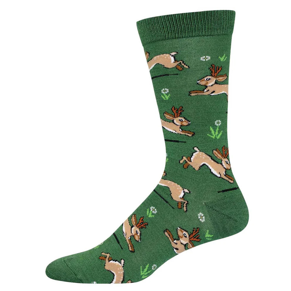Socksmith men's green sock with jackalope pattern on a white background