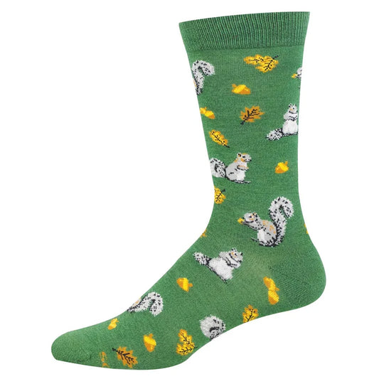 Green sock with squirrel & acorn  pattern on a white background