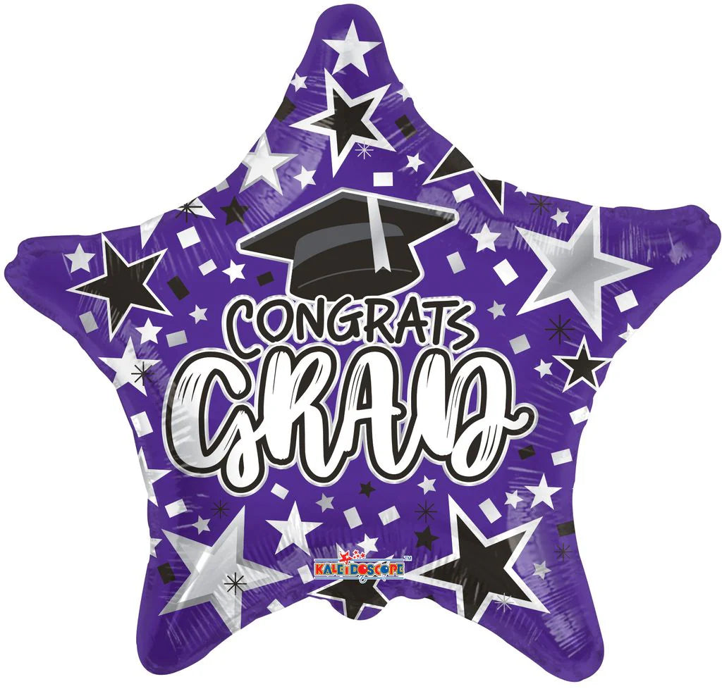 Purple star-shaped balloon with 'Congrats Grad' text and graduation cap design on a white background