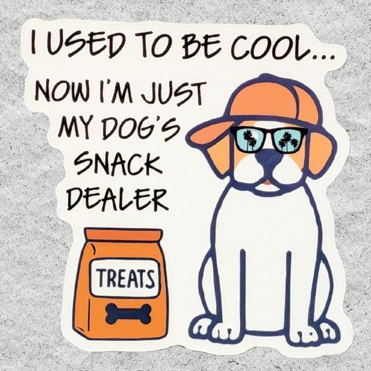 A die-cut sticker with a humorous cartoon design and the text 'Now I'm just my dog's snack dealer". The sticker features a white and tan dog wearing an orange cap and sunglasses with palm tree reflections, next to an orange bag of dog treats.