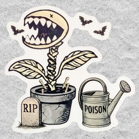 A die-cut sticker featuring a spooky Skeletal Venus Trap illustration with a toothy carnivorous mouth, two bats, a tombstone reading RIP, and a watering can labeled POISON, shown on a textured light gray background.