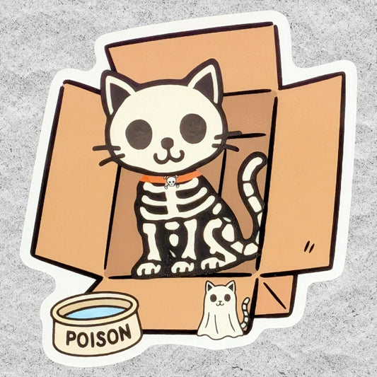 A die-cut sticker featuring a cartoon skeleton cat sitting inside an open brown cardboard box, with a small white mouse ghost and a food bowl labeled 'POISON' at the bottom, shown on a textured gray background.