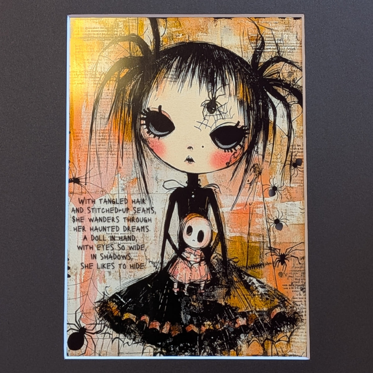 A vertical art print featuring a stylized gothic doll character with large black eyes, messy black hair, and a stitched black dress, holding a small doll. The artwork uses orange, beige, black, and white tones with spider motifs and text on a dark gray background.
