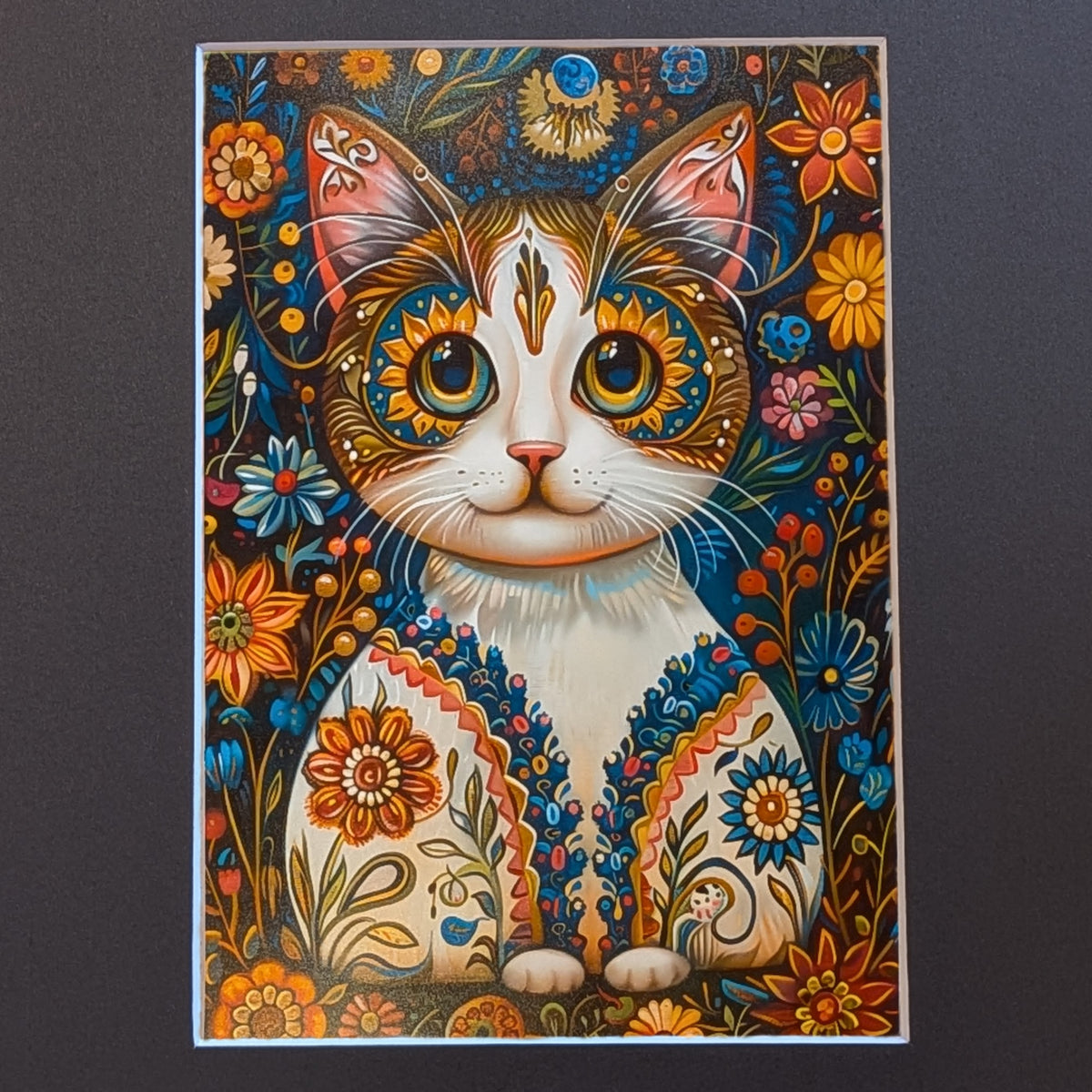 A colorful art print featuring a stylized cat surrounded by intricate floral patterns, displayed against a dark gray background.