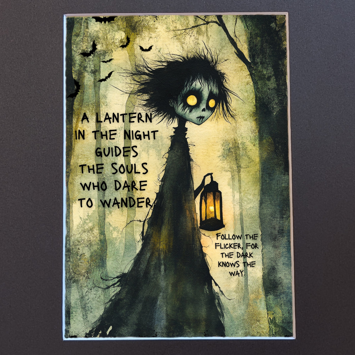 Art print  with a ghoulish looking boy with glowing eyes on a black background
