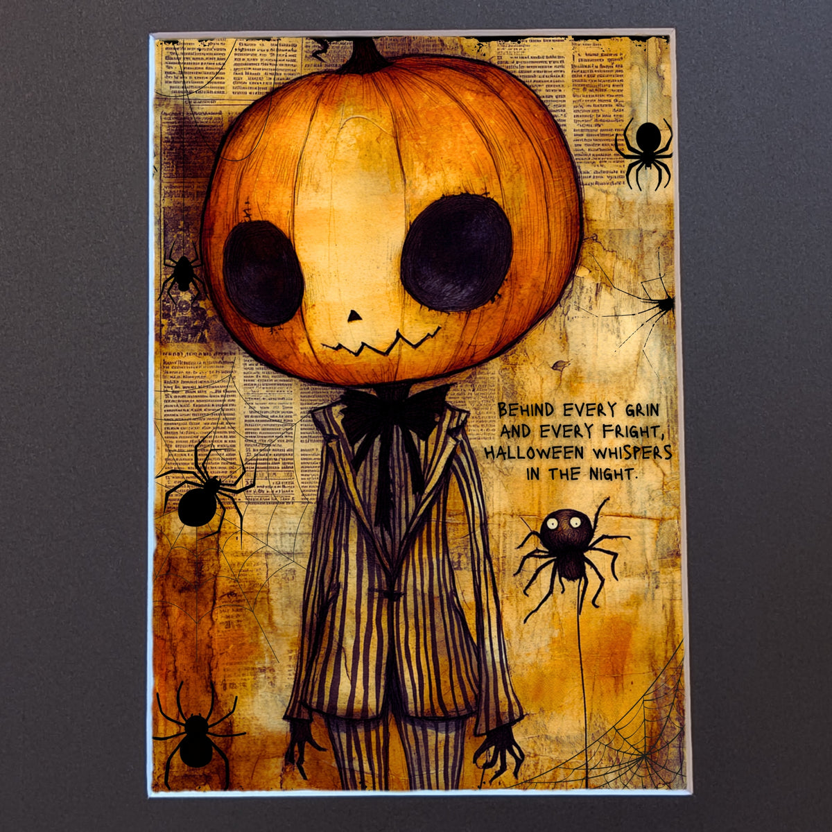 Art Print of a jack-o-lantern man surrounded by spiders on a black background.