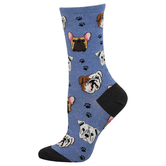 Blue sock with bull dog pattern on a white background