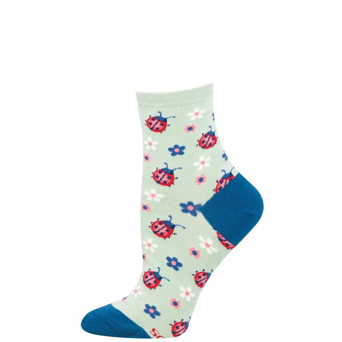Light green mid calf Sock with ladybug and flower pattern on a white background