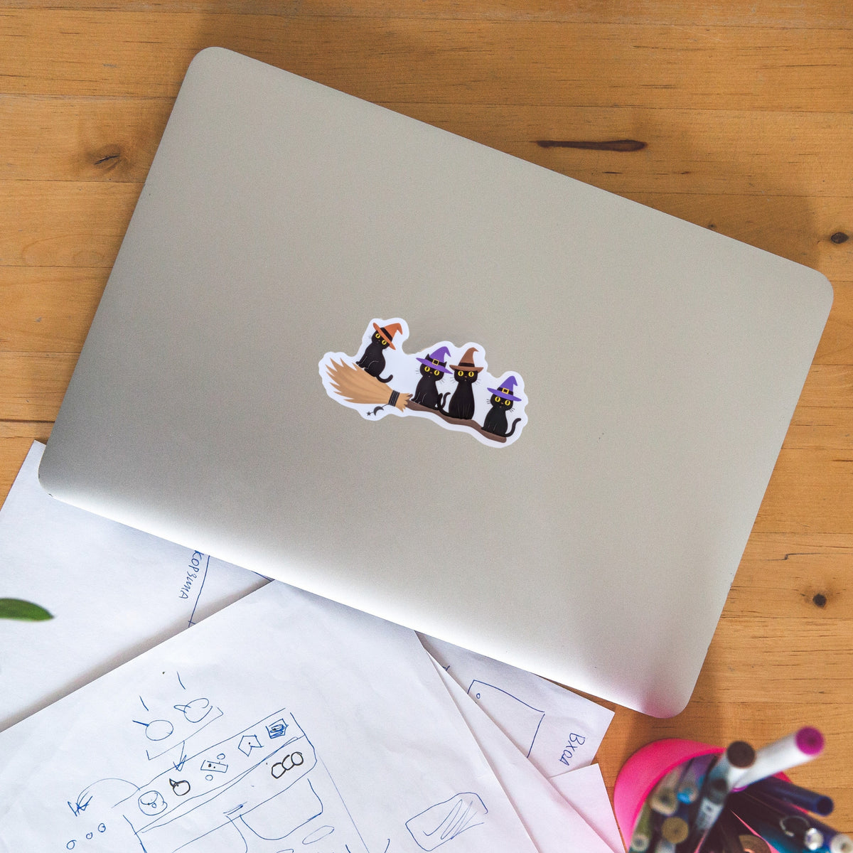 Witchy Kitties on a Broom Sticker