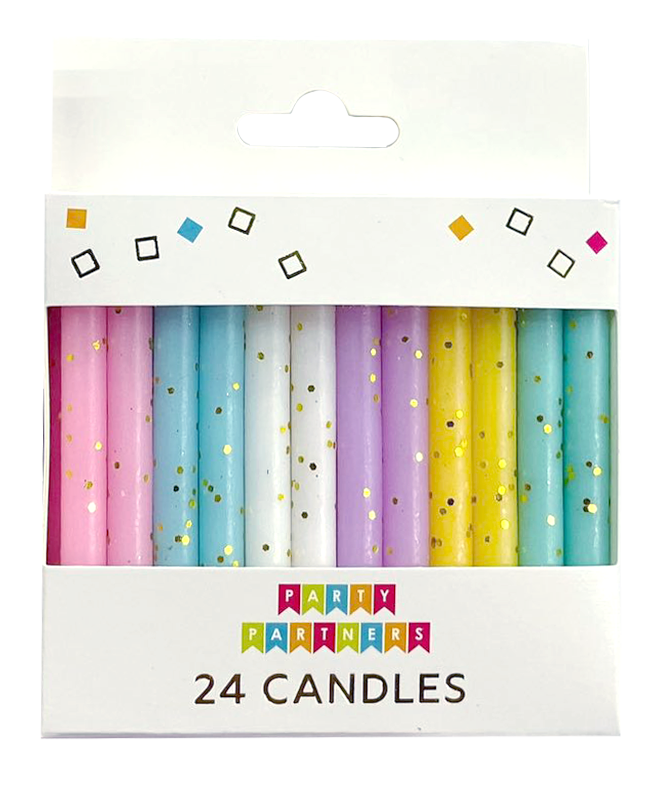 Pack of 24 party candles in assorted pastel colors with gold glitter, in a white cardboard display box with a hanging tab and the brand name 'Party Partners' printed on the front.