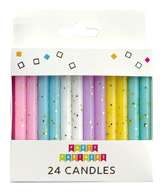 Pack of 24 party candles in assorted pastel colors with gold glitter, in a white cardboard display box with a hanging tab and the brand name 'Party Partners' printed on the front.