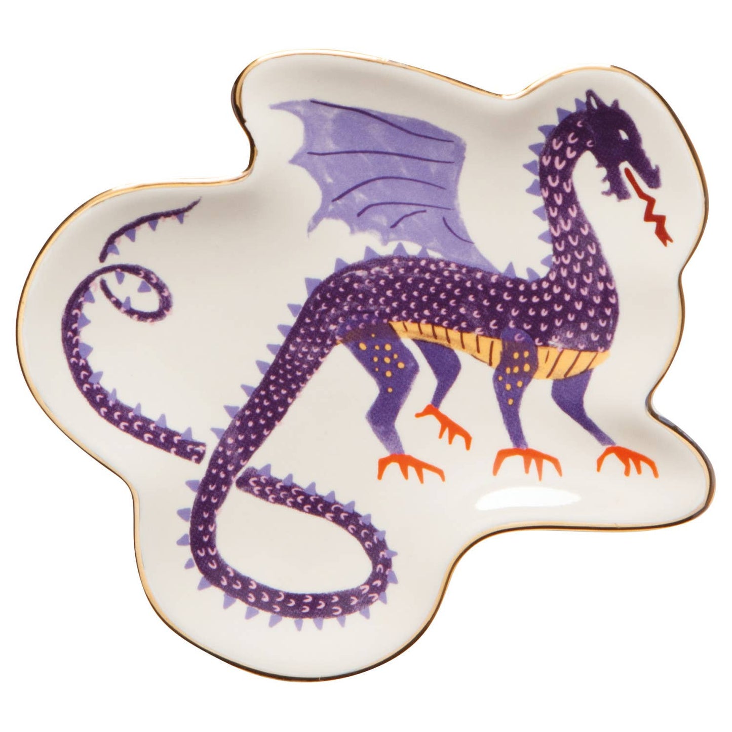 White decorative trinket dish with a purple dragon design on a white background