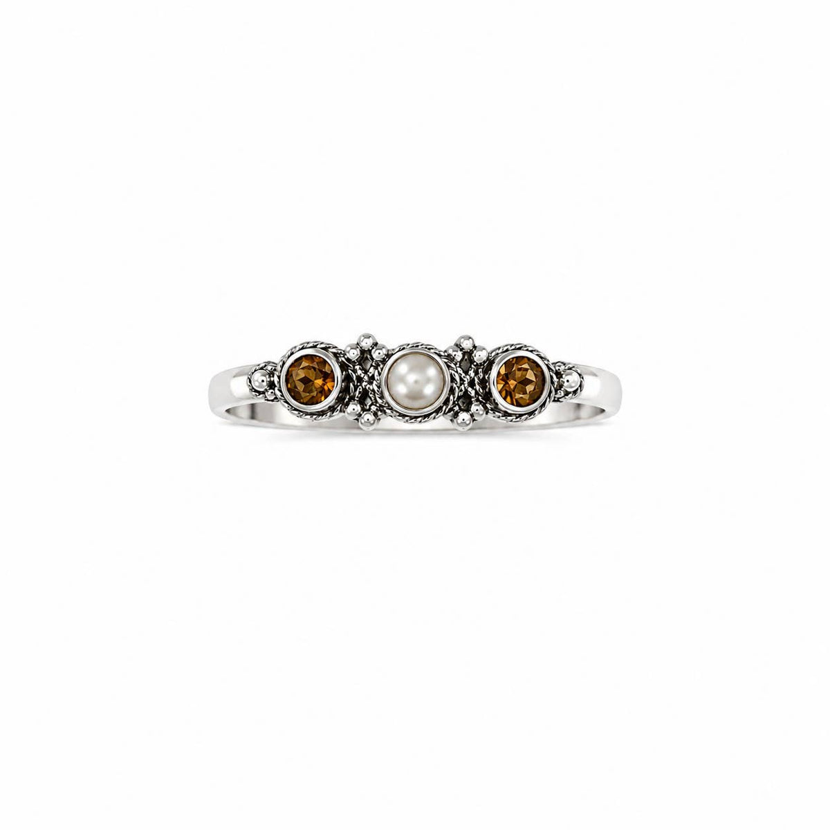 Sterling silver ring with Pearl and Citrine gemstones on a white background
