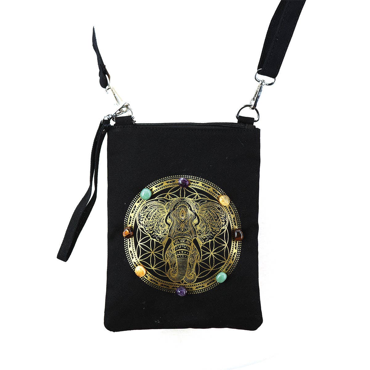 Black bag with gold elephant design and colorful stones on a white background