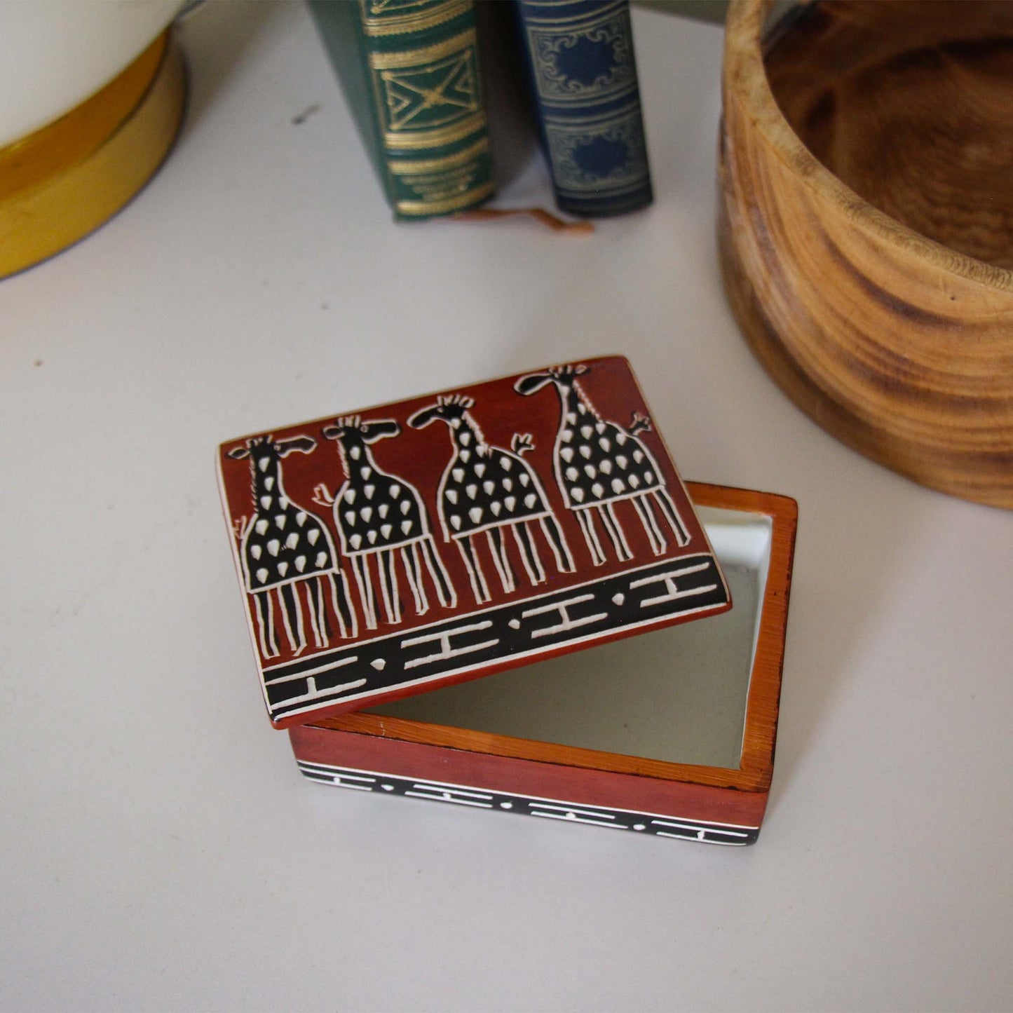 Soapstone Carved Box Brown Mudcloth Giraffes