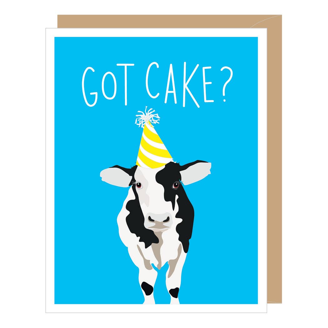 Card with a cow wearing a party hat and 'Got Cake?' text on a blue background
