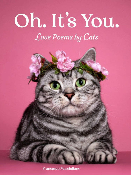 Cat wearing a floral headband on a pink background with text 'Oh. It's You. Love Poems by Cats' and author name.