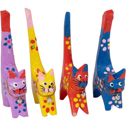 Colorful cat-shaped wooden decor toys on a white background.
