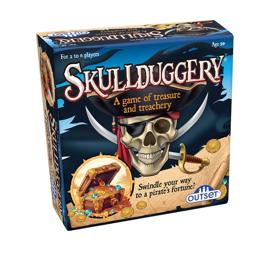 Skulduggery board game box by Outset, featuring a pirate skull with a black hat, silver curved blades, and a treasure chest illustration on a blue background.