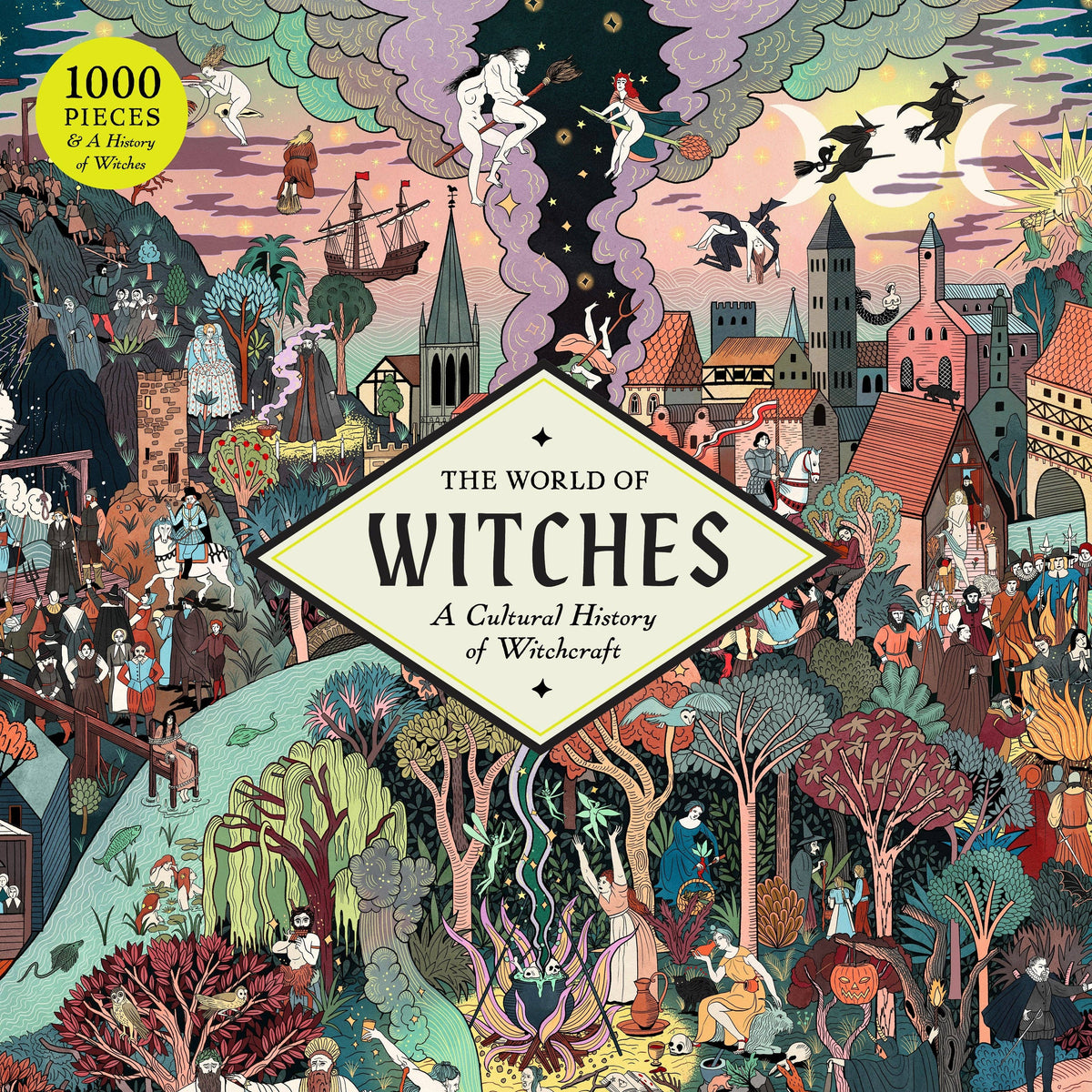 The front of jigsaw puzzle titled 'The World of Witches: A Cultural History of Witchcraft' by Sally Lunn, featuring a highly detailed, colorful illustration of a village scene filled with witches, wizards, cauldrons, and flying figures. A yellow circular badge in the top-left corner reads '1000 PIECES & A History of Witchcraft'.