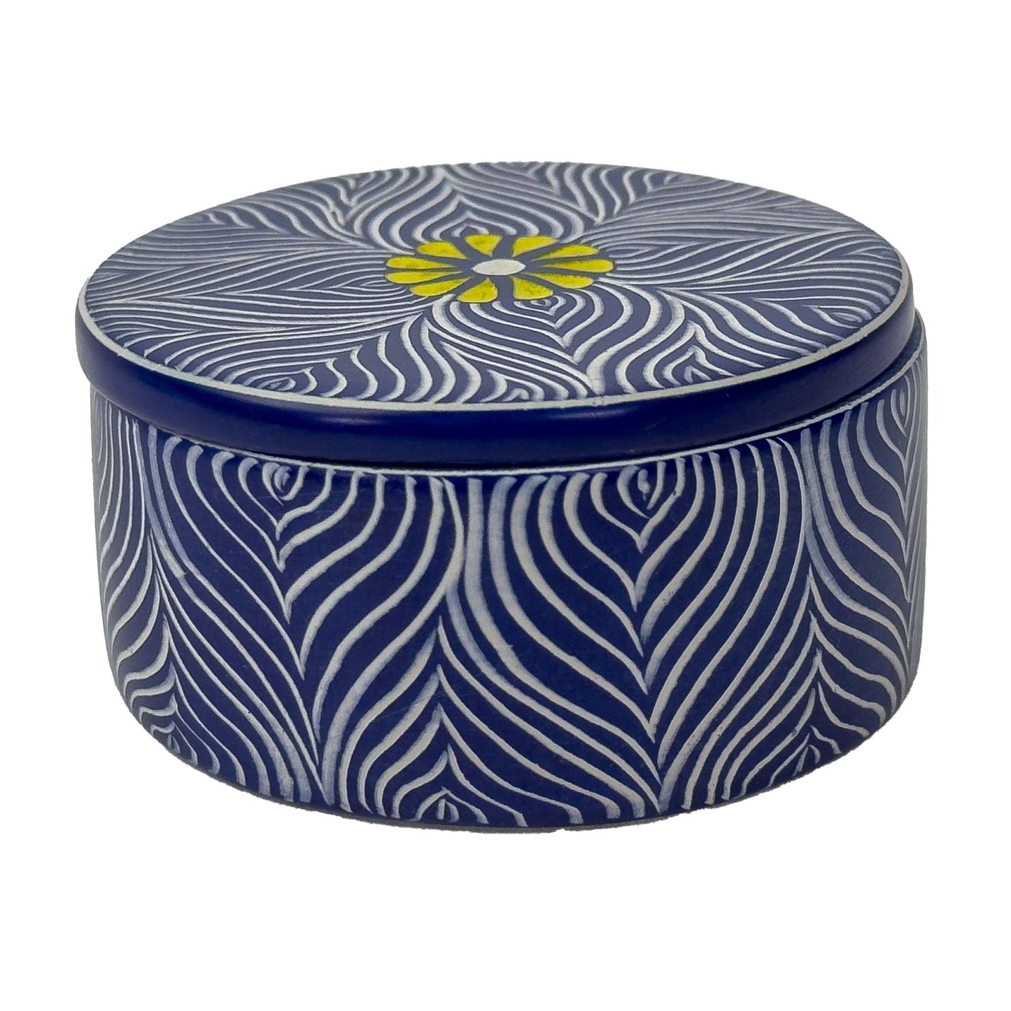 Soapstone Blue Round Container with Yellow Flower Accent