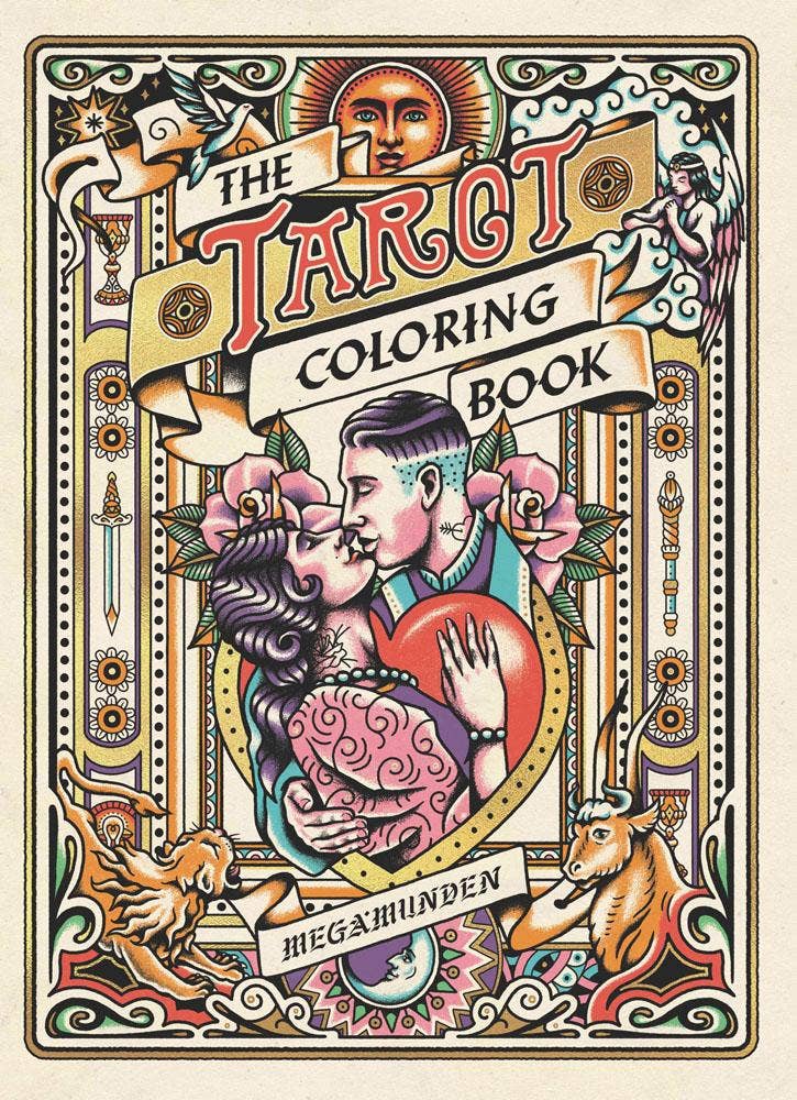 Cover of 'The Tarot Coloring Book' with intricate designs and text.