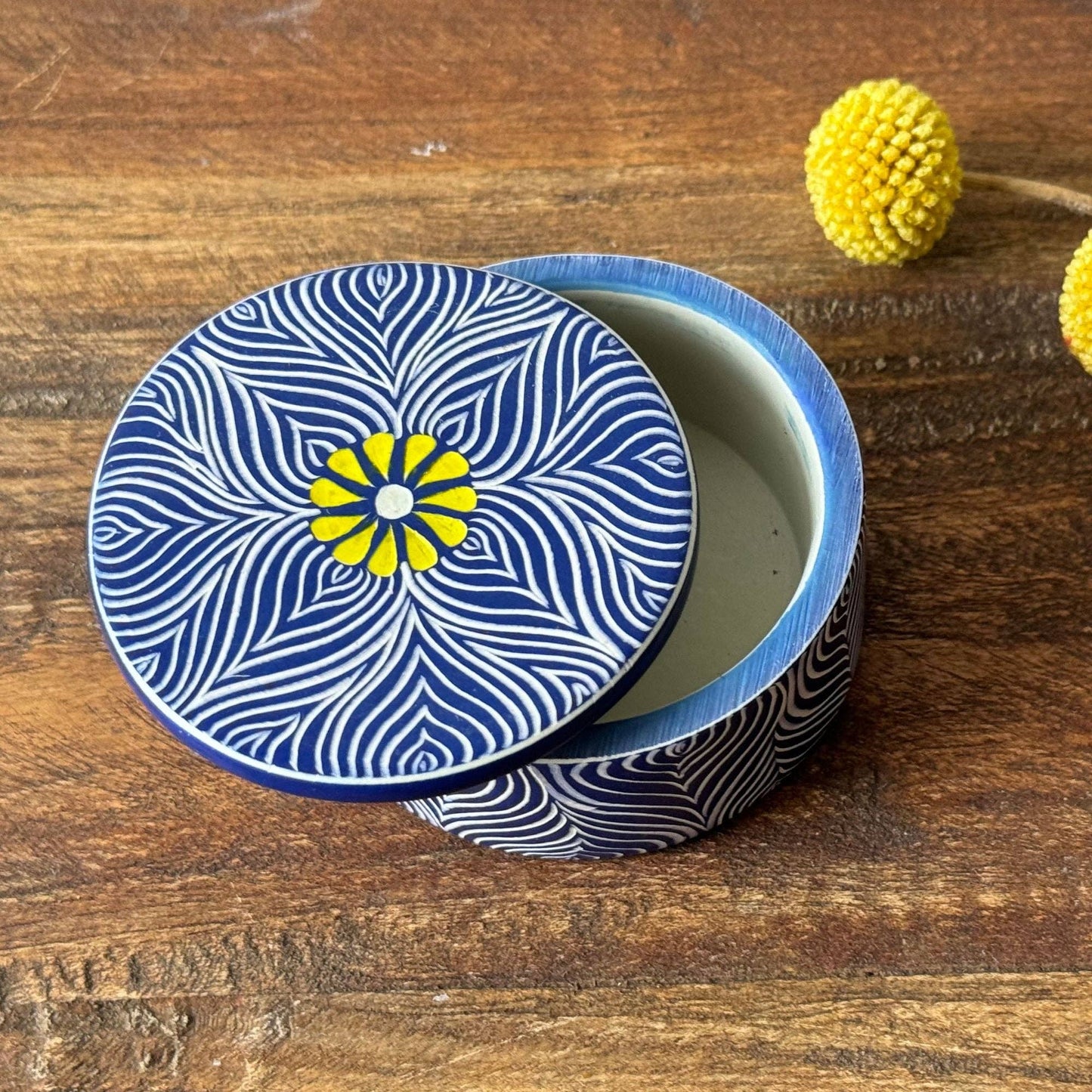 Soapstone Blue Round Container with Yellow Flower Accent