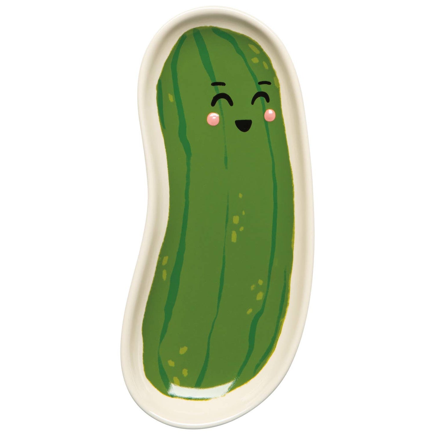 Green pickle shaped dish with a smiling face on a white background