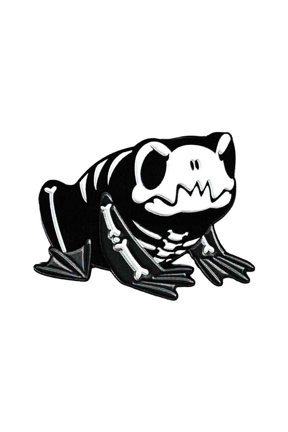 Black and white skeleton toad pin on a white background