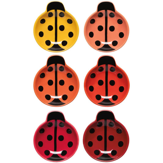 Set of six ladybug-shaped dishes in different colors on a white background