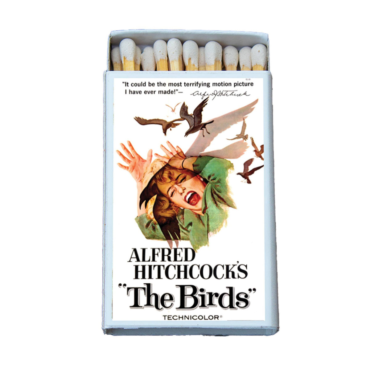 Matches box with 'The Birds' movie poster design featuring a woman and birds.