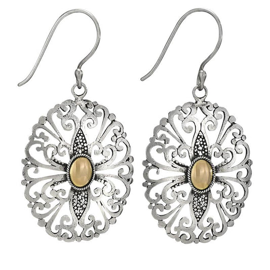 Silver filigree earrings with a central beige stone on a white background
