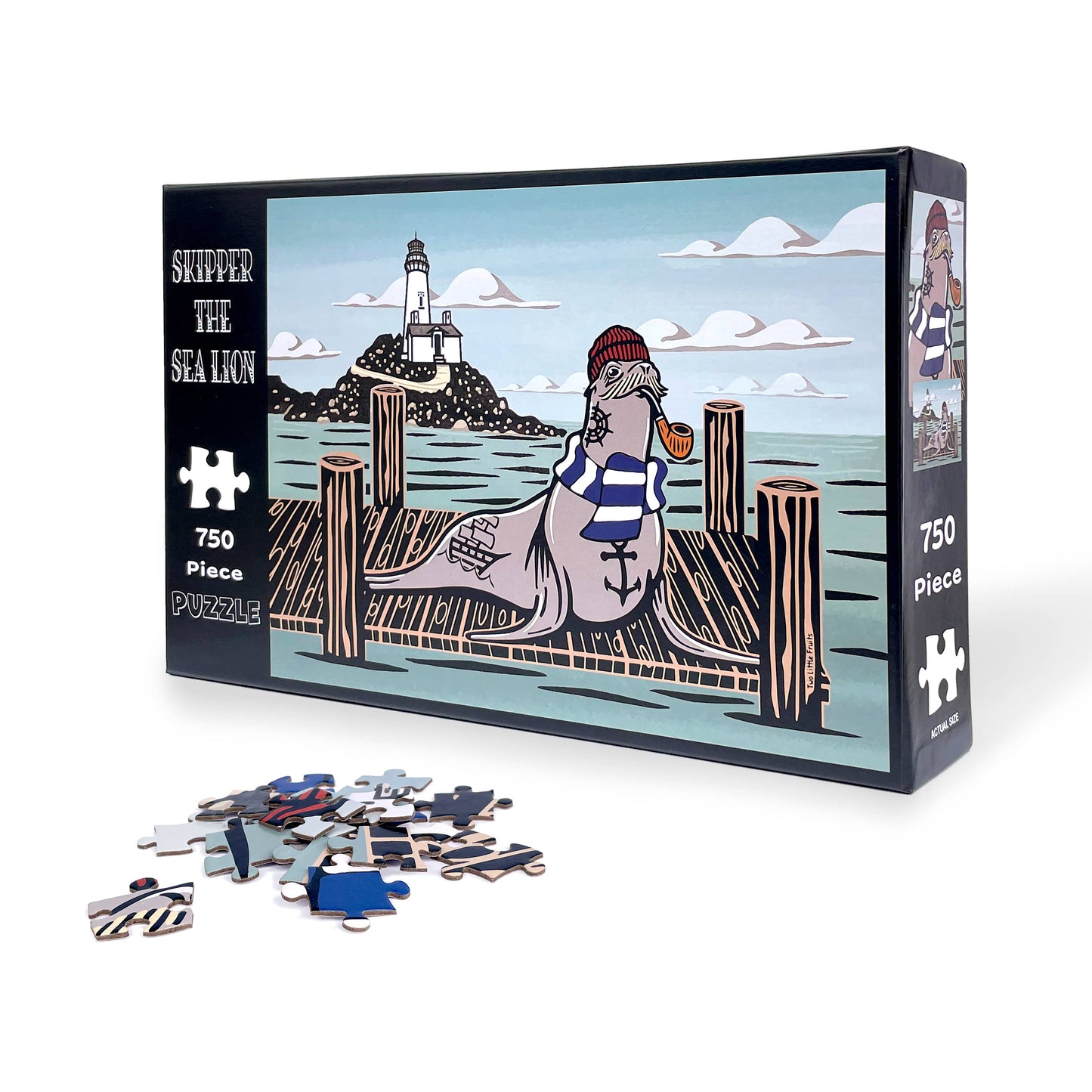 Jigsaw puzzle box with a sea lion character and lighthouse illustration, featuring 750 pieces.