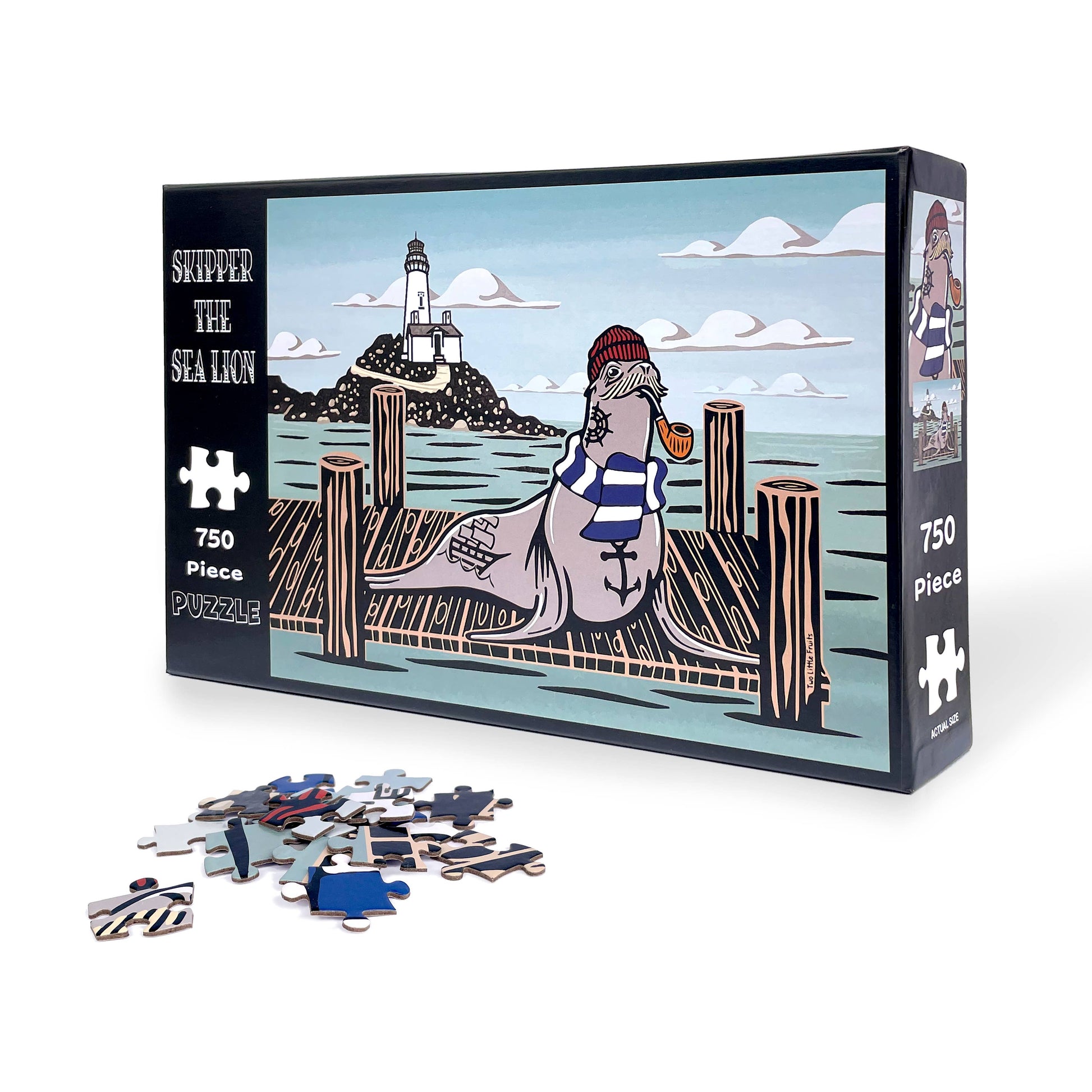 Jigsaw puzzle box with a sea lion character and lighthouse illustration, featuring 750 pieces.