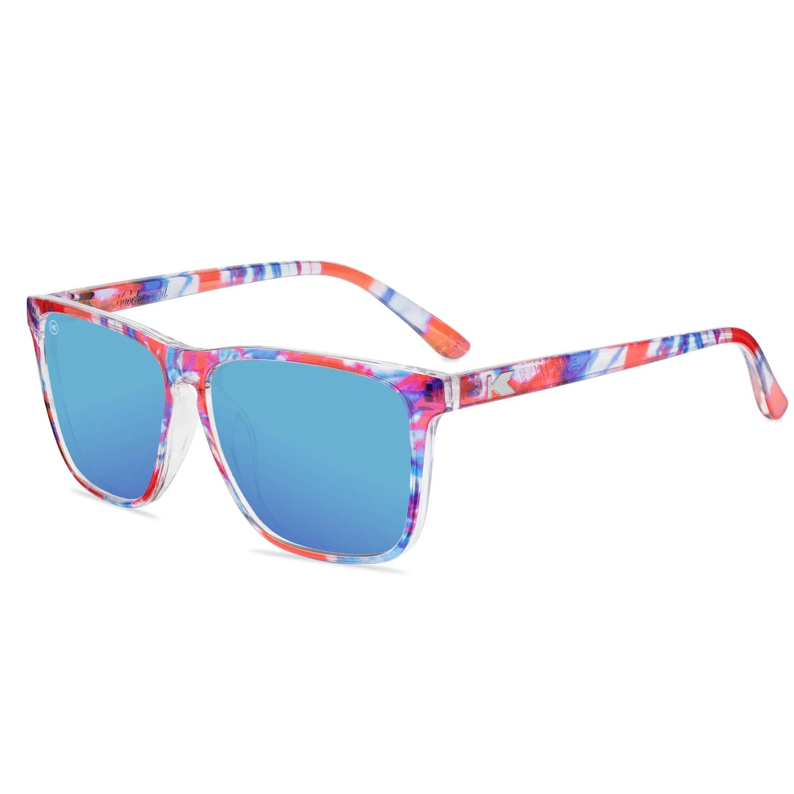 Sunglasses with colorful frame and blue lenses on a white background