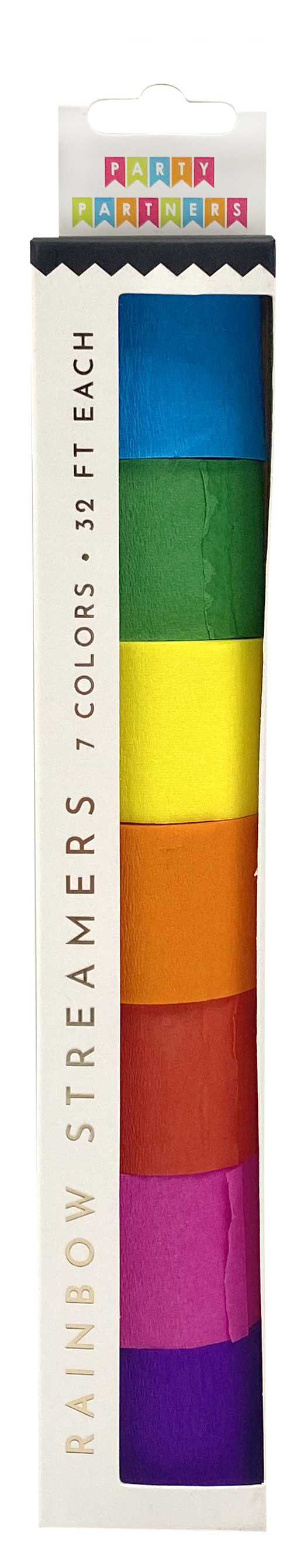 A package of rainbow-colored streamers, showing a vertical stack of seven different bright colors in a clear window on a white cardboard backing.