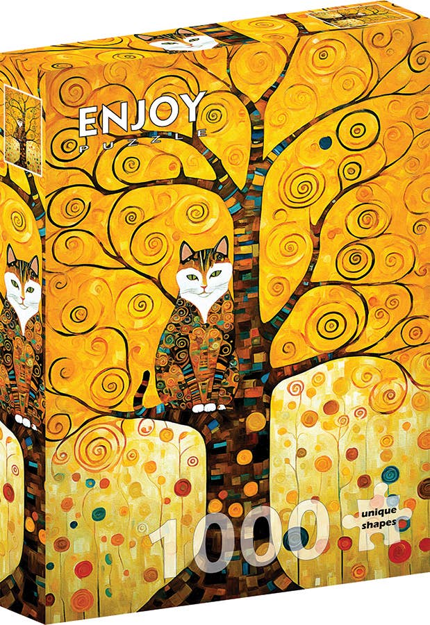 Puzzle box with artistic design featuring a cat and abstract patterns, labeled 'Enjoy' and '1000 unique shapes'.