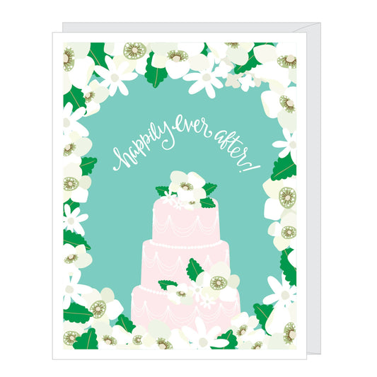 Card with a pink wedding cake and floral border on a light blue background
