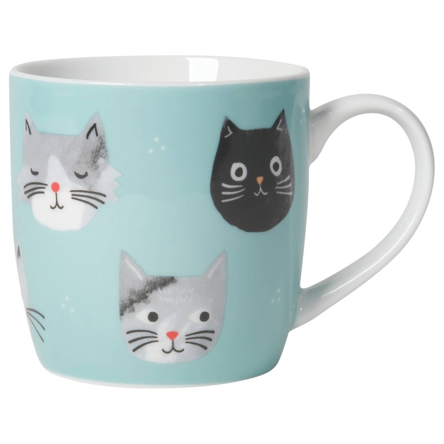Teal mug with cat faces on a white background