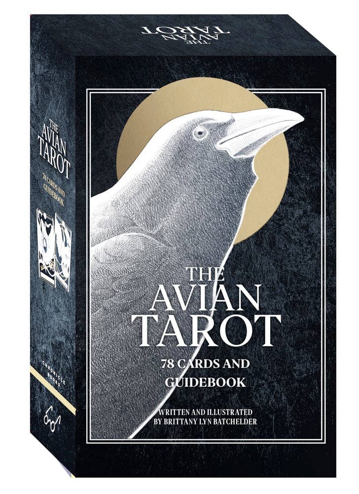 Avian Tarot card set packaging with a crow illustration on a black background