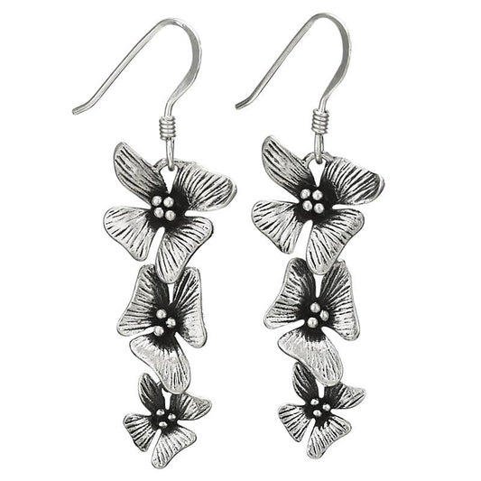 Silver floral earrings on a white background